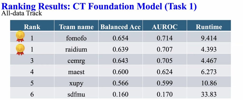 CVPR 2026 CT Foundation Model challenge leaderboard: fomofo team ranked first on Task 1 All-data Track