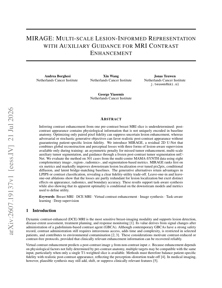 MIRAGE preprint first page: Multi-scale Lesion-Informed Representation with Auxiliary Guidance for MRI Contrast Enhancement